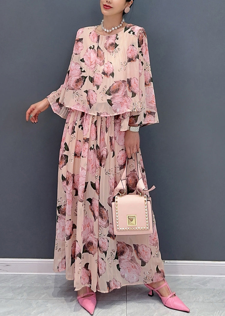 Classy Pink O Neck Print Chiffon Two Piece Set Clothing Summer