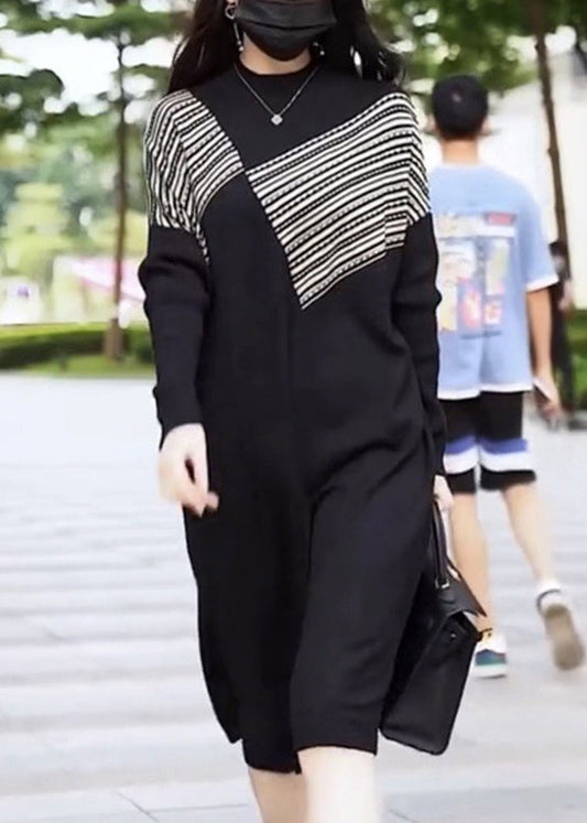 Black O-neck Striped Patchwork Thick Knit Mid Dress Long Sleeve