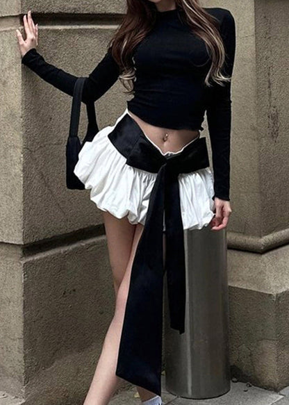 New Black Tops and White Skirts Lace Up Cotton Two Pieces Set Spring
