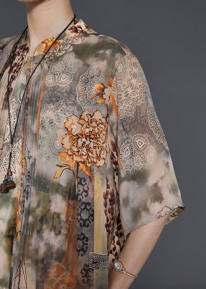 Khaki Stand Collar Print Chiffon Fake Two Piece Dress Summer