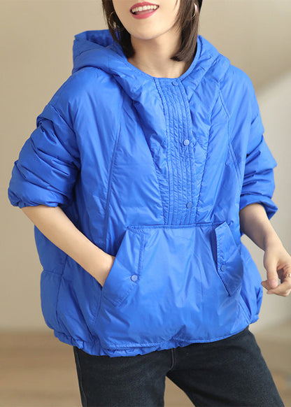 Blue Pockets Patchwork Duck Down Coat Hooded Long Sleeve