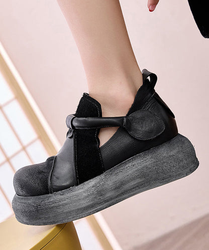 Splicing Platform Flat Shoes Green Cowhide Leather