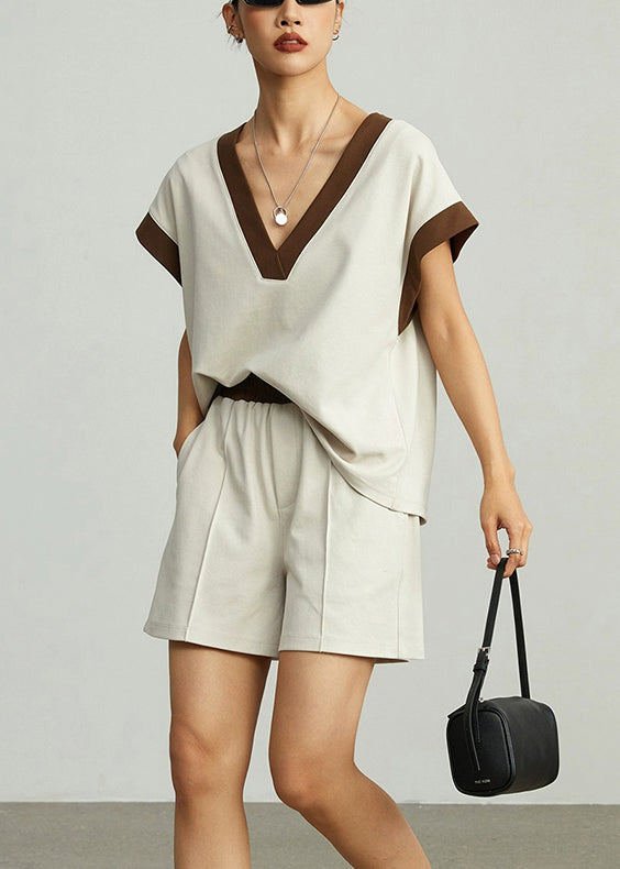 Coffee V Neck Elastic Waist Cotton Two Pieces Set Summer