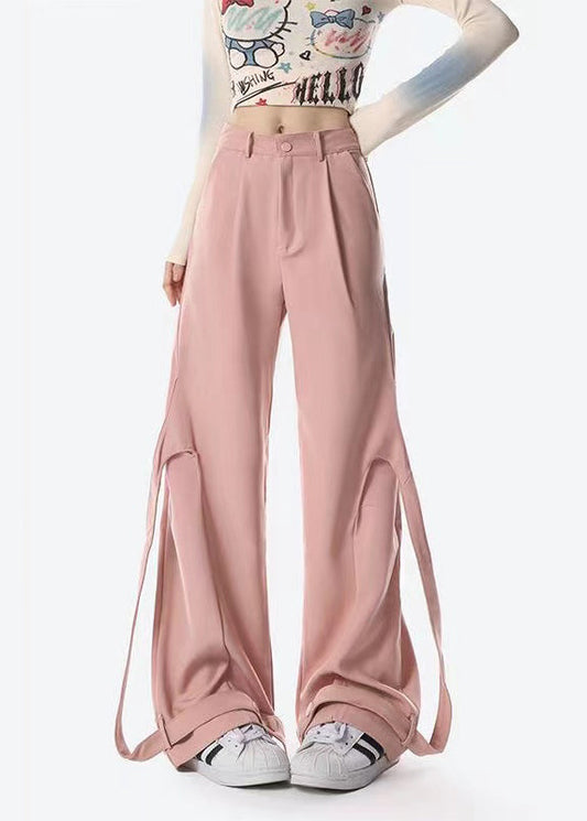Original Design Pink Ribbon Patchwork Wide Leg Pants Spring