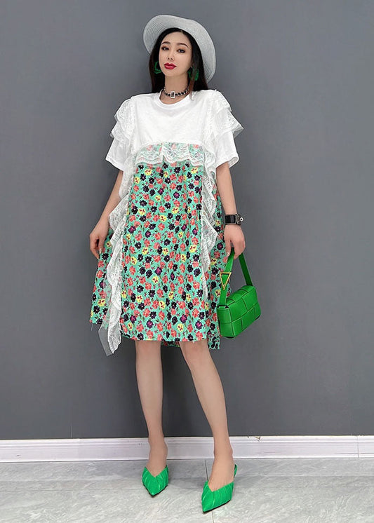 Green Print Lace Patchwork Party Dress O-neck Short Sleeve