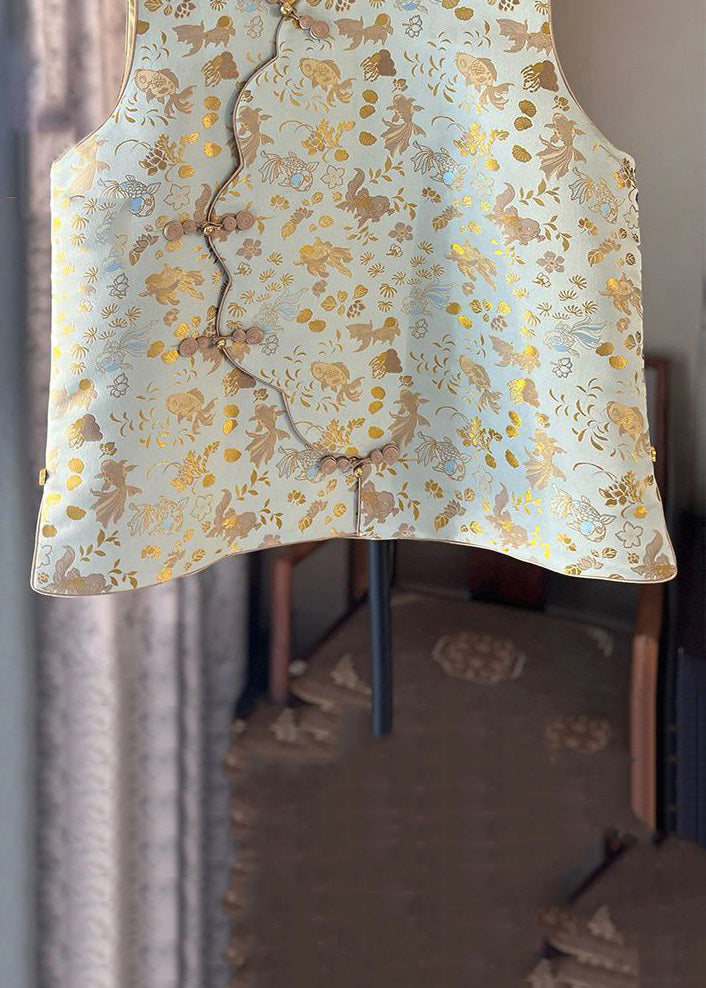 Print Stand Collar Button Cotton Waistcoat Sleeveless