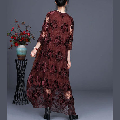 Loose Chocolate Long Lace Dress O Neck Maxi Dress