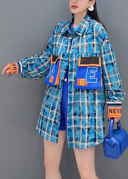Blue Plaid Button Patchwork Cotton Blouses Long Sleeve