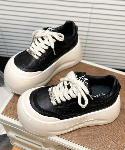 Lace Up Splicing Platform Shoes Beige Cowhide Leather