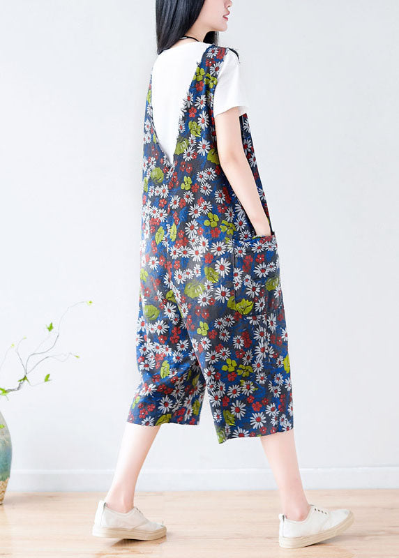 Dark Grey V Neck Print Pockets Cotton Overalls Jumpsuit Summer