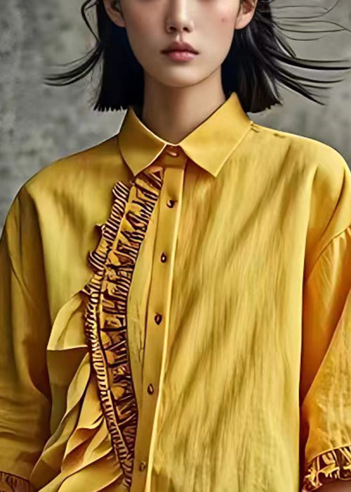 Yellow Ruffled Button Linen Shirt Butterfly Sleeve