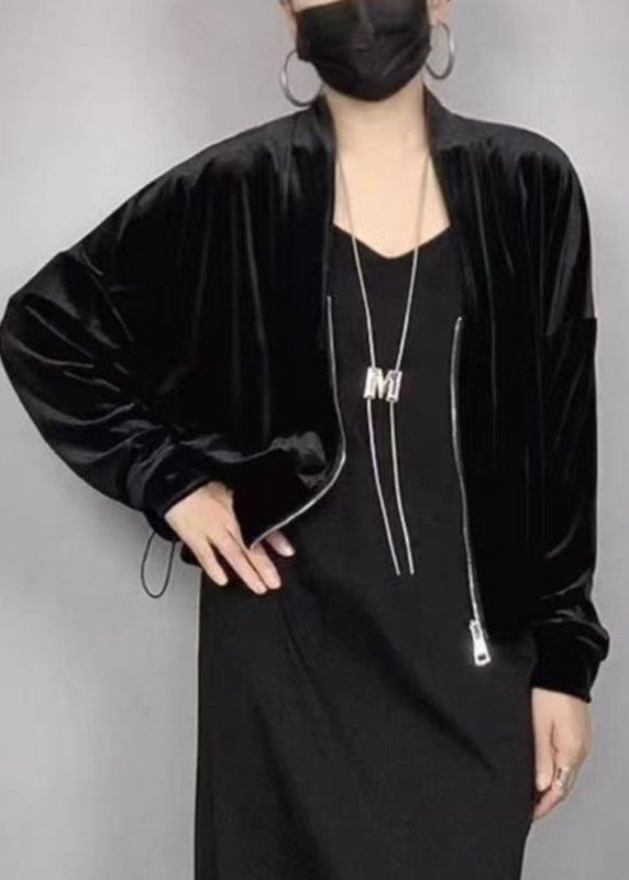 New Black V Neck Zippered Silk Velvet Coat Batwing Sleeve