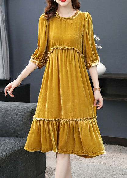 Yellow Wrinkled Velour Dress Half Sleeve Spring