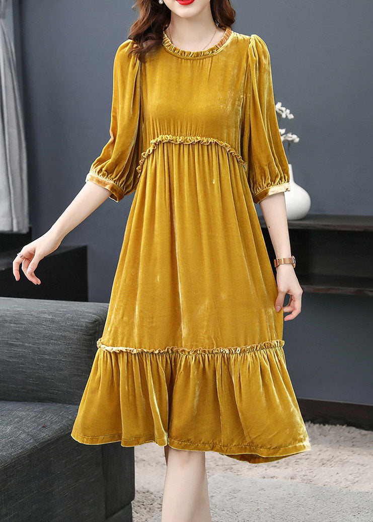 Yellow Wrinkled Velour Dress Half Sleeve Spring