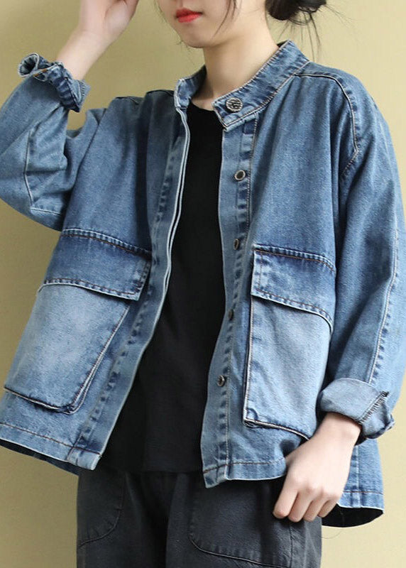Blue Stand Collar Patchwork Button Denim Coats Long Sleeve