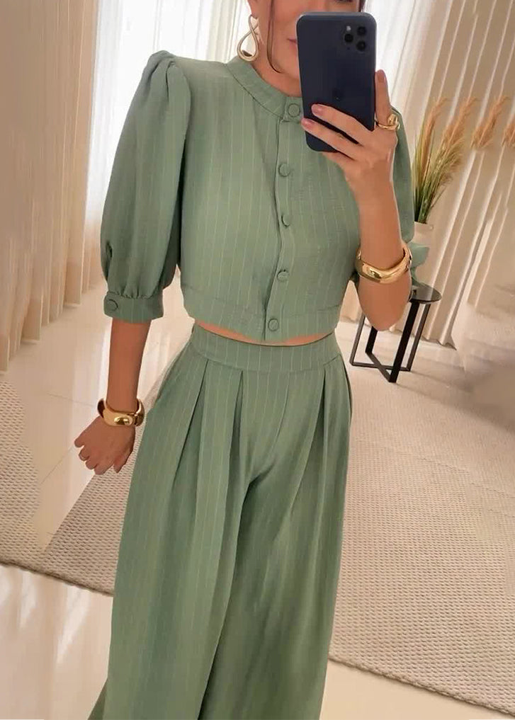 Army Green Button Pockets Cotton Two Piece Set Half Sleeve