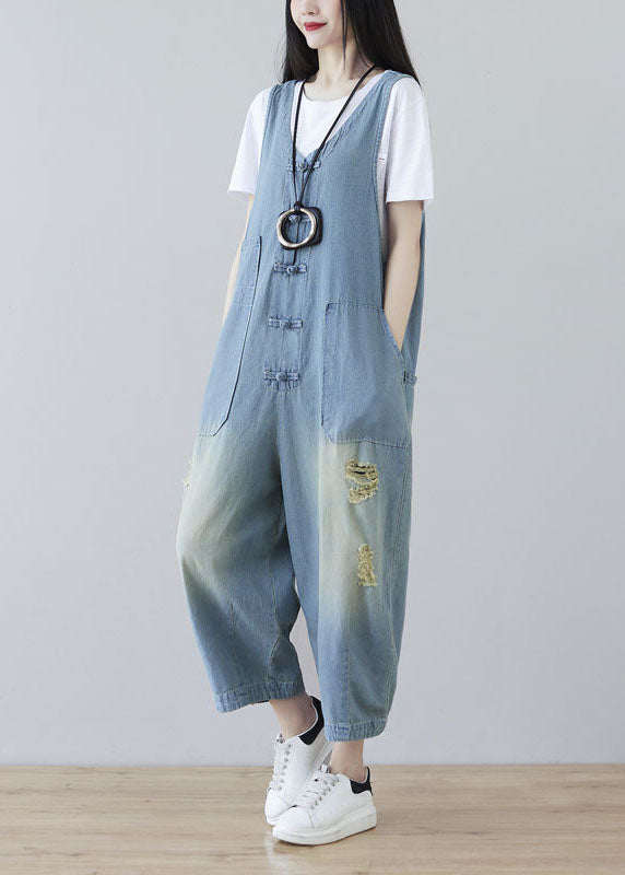 Light Blue Oriental Button Ripped Cotton Denim Jumpsuit Spring
