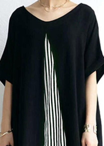 Black O-neck Striped Patchwork Cozy Maxi Dress Short Sleeve