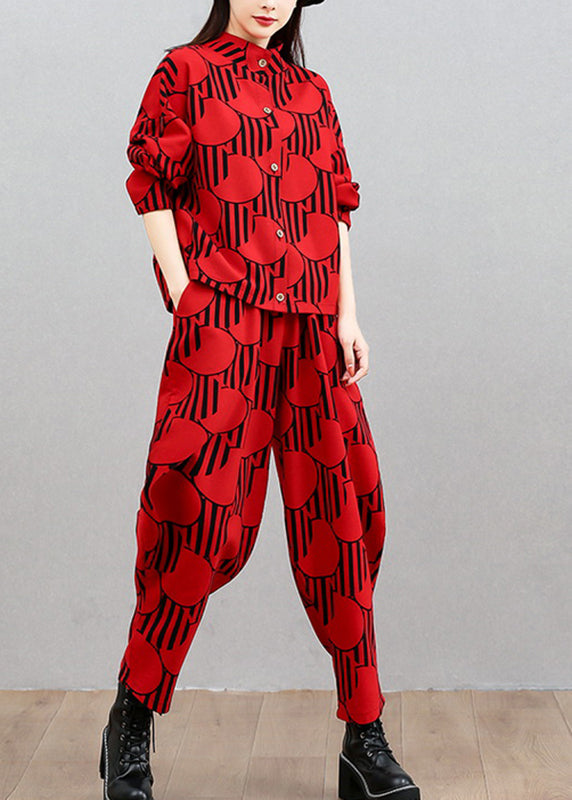 French Red Stand Collar Shirts and Beam Pants Two Pieces Set Long Sleeve Spring