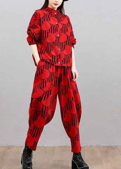French Red Stand Collar Shirts and Beam Pants Two Pieces Set Long Sleeve Spring