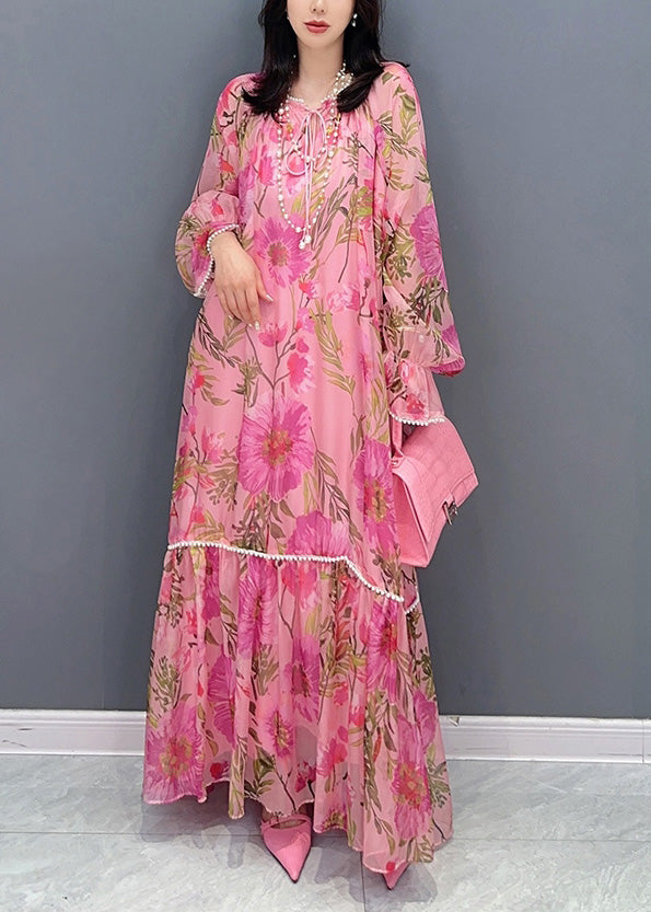 Pink O-neck Print Nail Bead Chiffon Maxi Dresses Long Sleeve