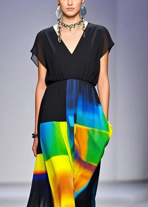 Black V Neck Print Chiffon Dress Summer