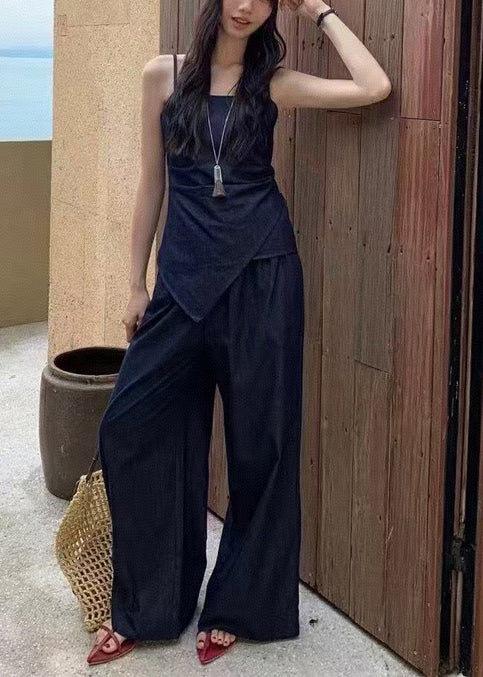 Navy Asymmetrical Silm Fit Denim 2 Piece Outfit Summer