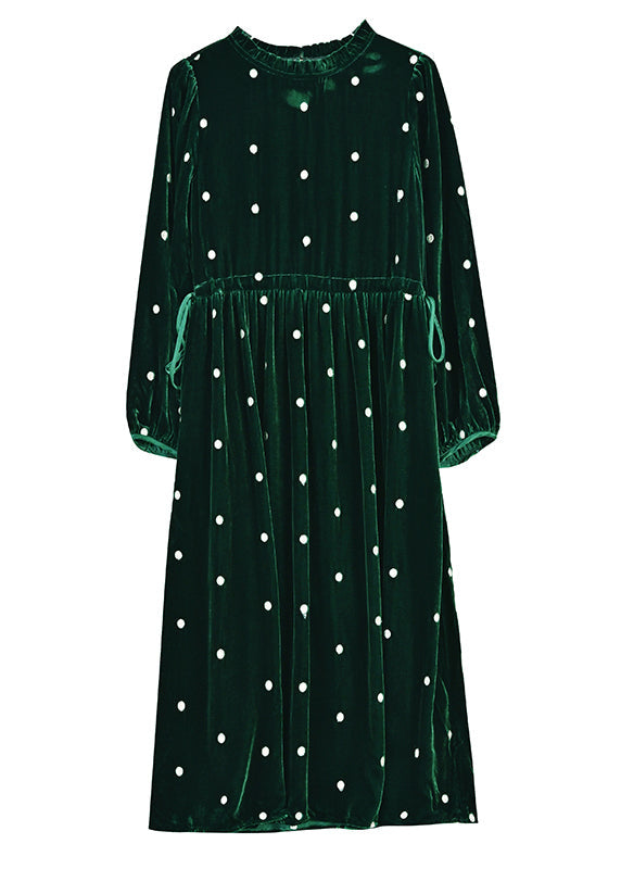 Green Ruffled Wrinkled Drawstring Patchwork Velour Dress Fall