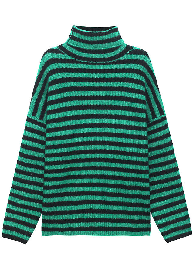 Organic Green Turtleneck Striped Cozy Fall Knit Sweater