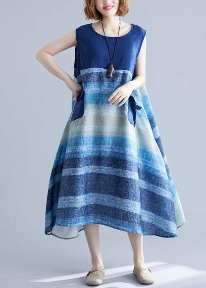 Diy Blue Patchwork Striped O-neck Summer Cotton Dress
