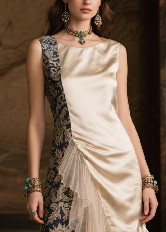 Champagne Asymmetrical Tulle Patchwork Silk Robe Dresses Summer