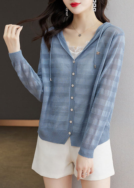 Blue Striped Patchwork Drawstring Hooded Ice Size Knit Cardigan Long Sleeve