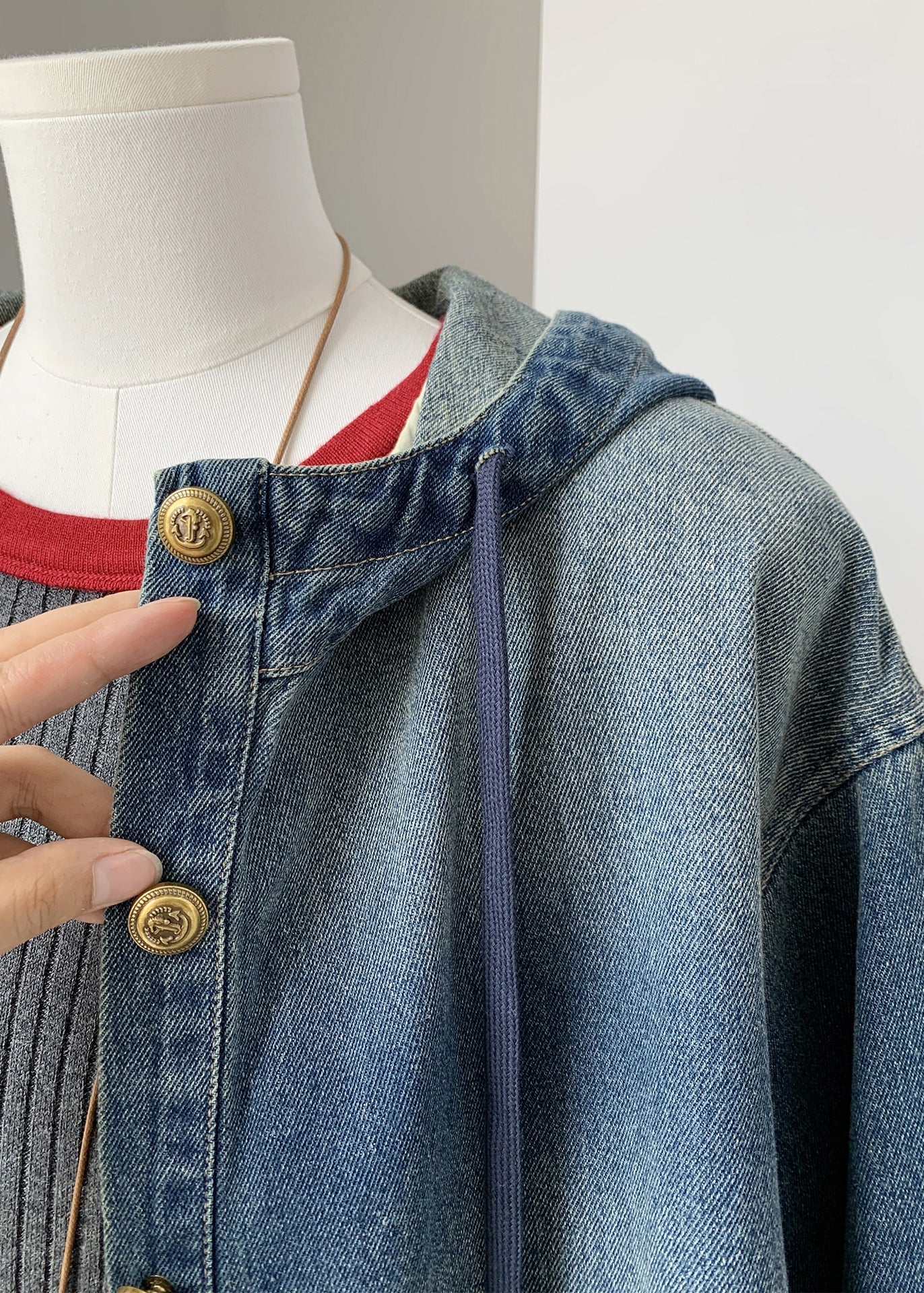Blue Button Denim Hooded Coat Fall