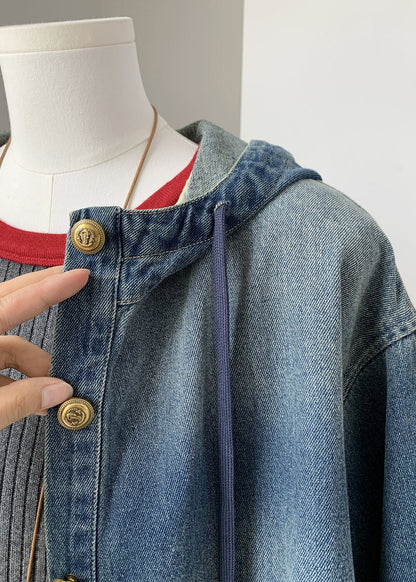 Blue Button Denim Hooded Coat Fall
