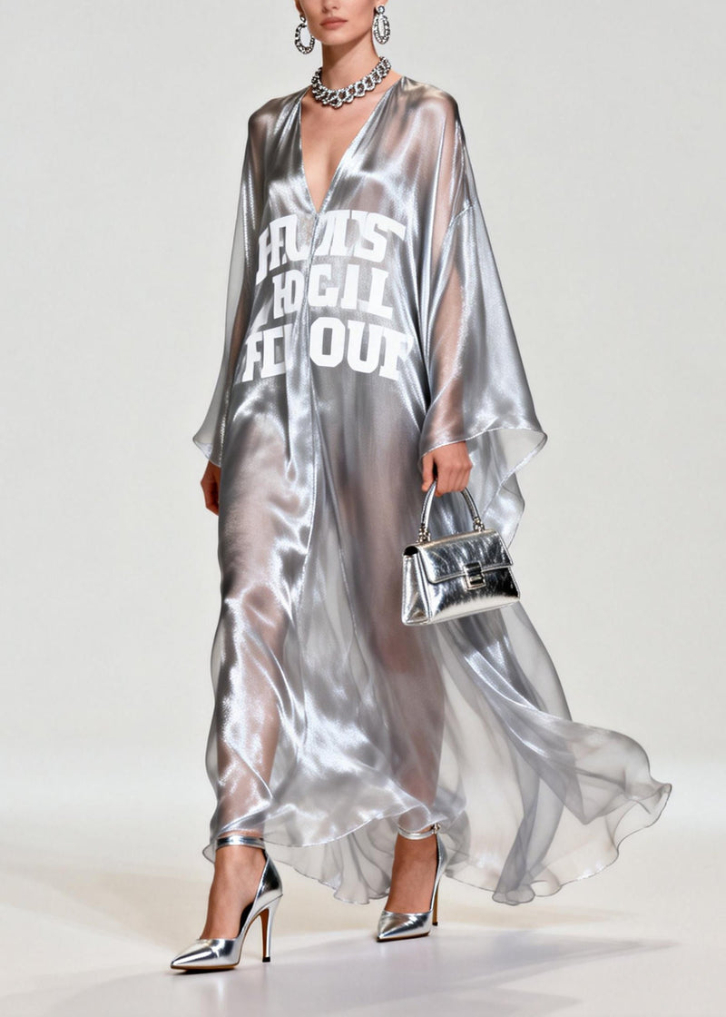 Silvery Letter Print Exra Large Hem Chiffon Beach Dresses Summer