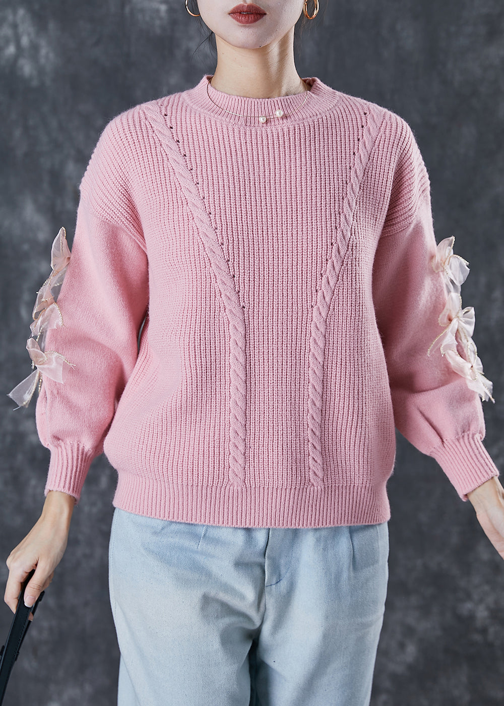 Diy Pink Thick Patchwork Bow Knit Sweater Winter