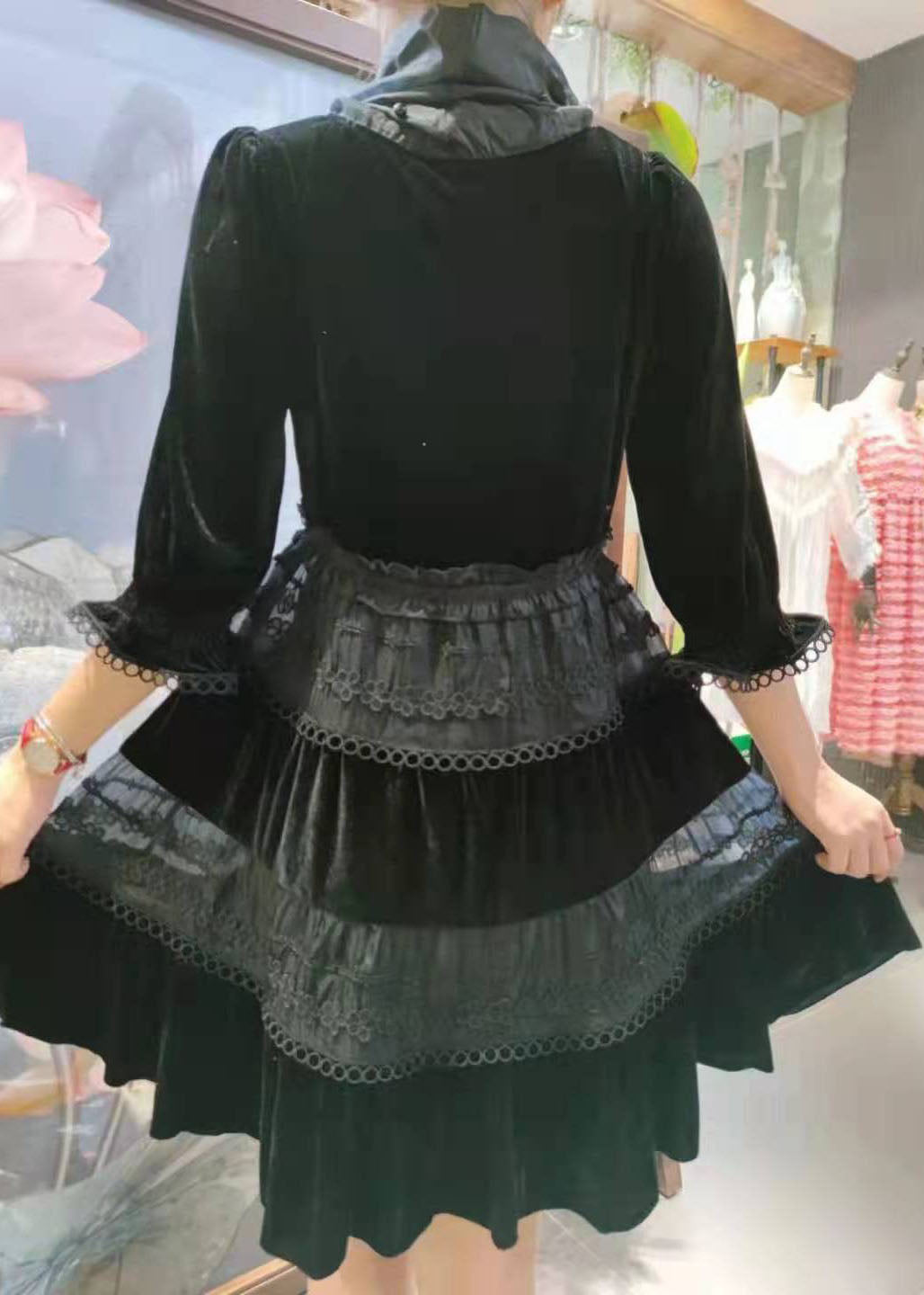 Fitted Red ?cinched Patchwork Velour Party Dress Spring