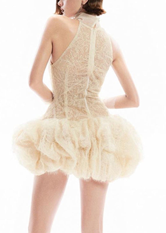 Apricot Turtleneck Patchwork Lace Mid Dress Sleeveless