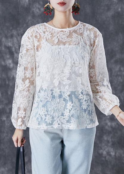 Italian White Embroideried Hollow Out Tulle Two Piece Set Fall