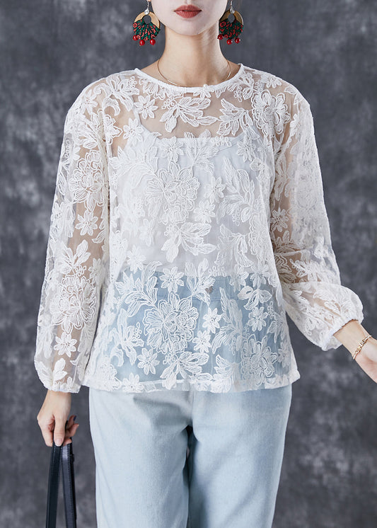 Italian White Embroideried Hollow Out Tulle Two Piece Set Fall
