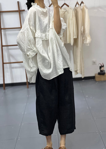 White Ruffled Oversized Cotton Blouses Half Sleeve
