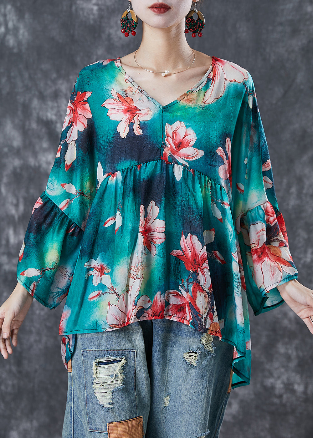 Modern Green Oversized Print Cotton Tops Fall
