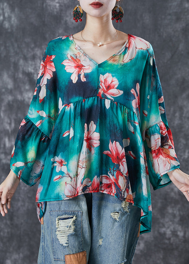 Modern Green Oversized Print Cotton Tops Fall