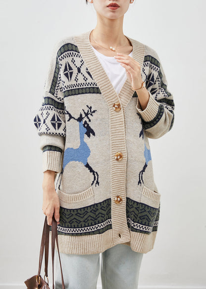 Khaki Oversized Print Knit Cardigans Winter