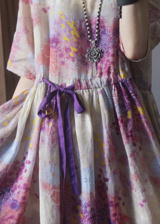 Classy Pink O-neck Drawstring Linen Mid Dress Half Sleeve
