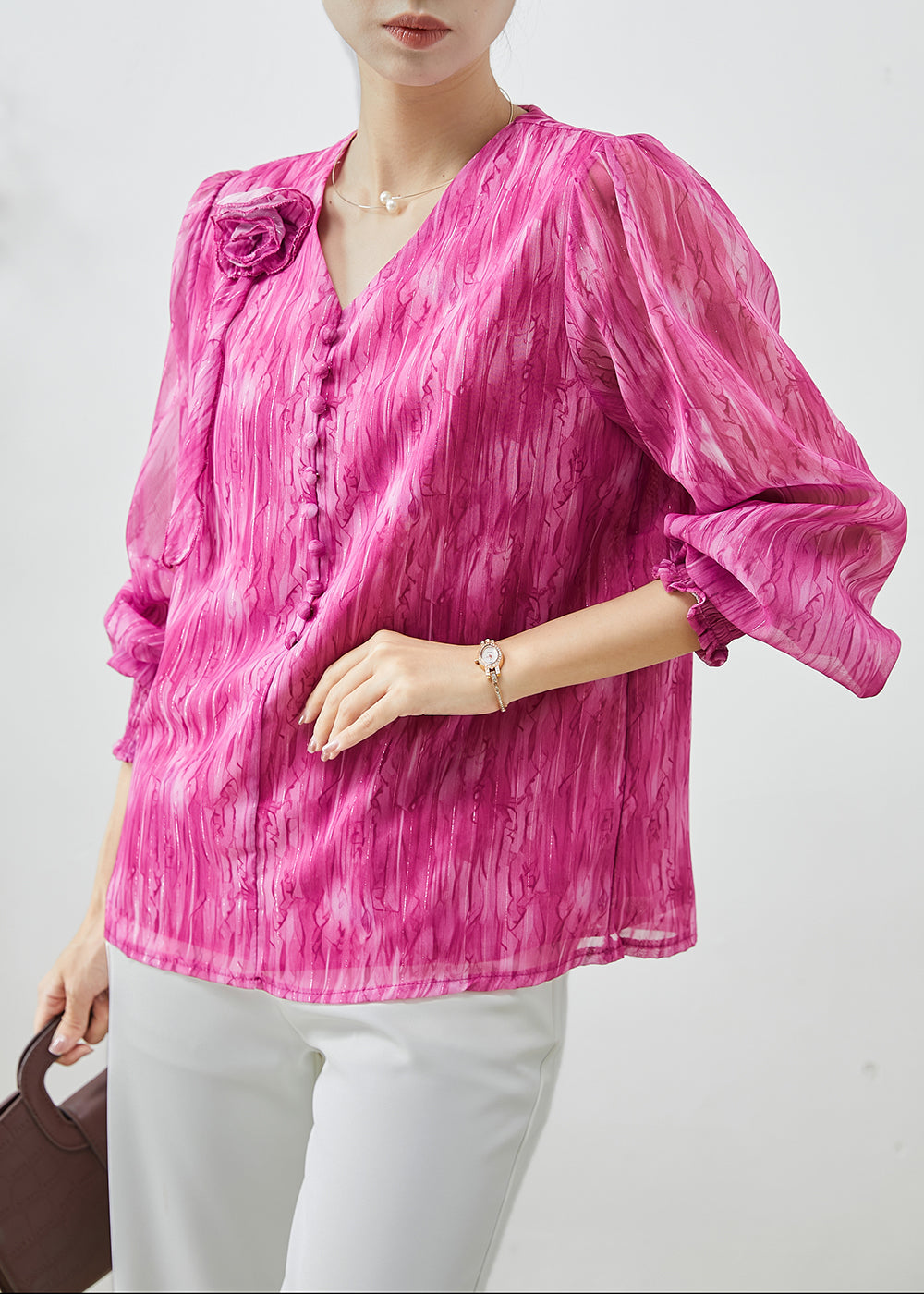 Rose V Neck Chiffon Tops Spring