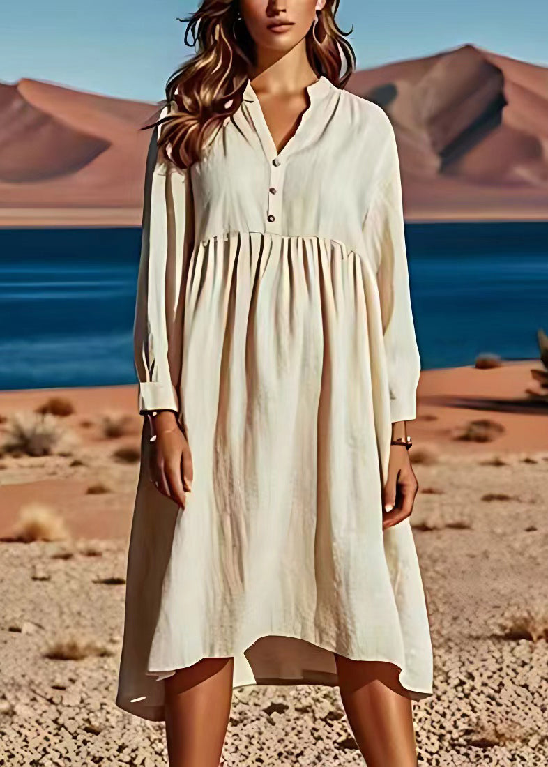 Beige V Neck Wrinkled Patchwork Linen Dresses Long Sleeve
