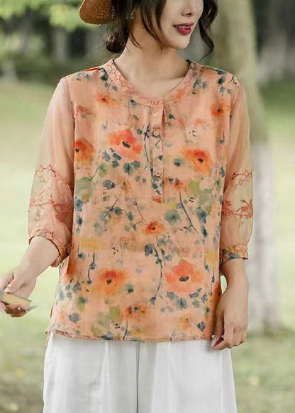 Orange Embroideried Print Linen Shirt Top Summer