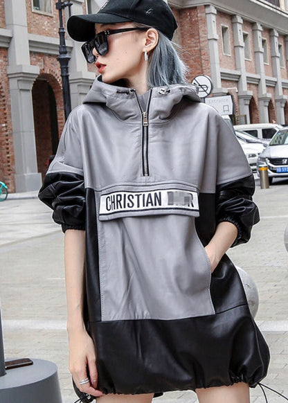 Black Grey Hooded Patchwork Drawstring Leather Pullover Coats Long Sleeve