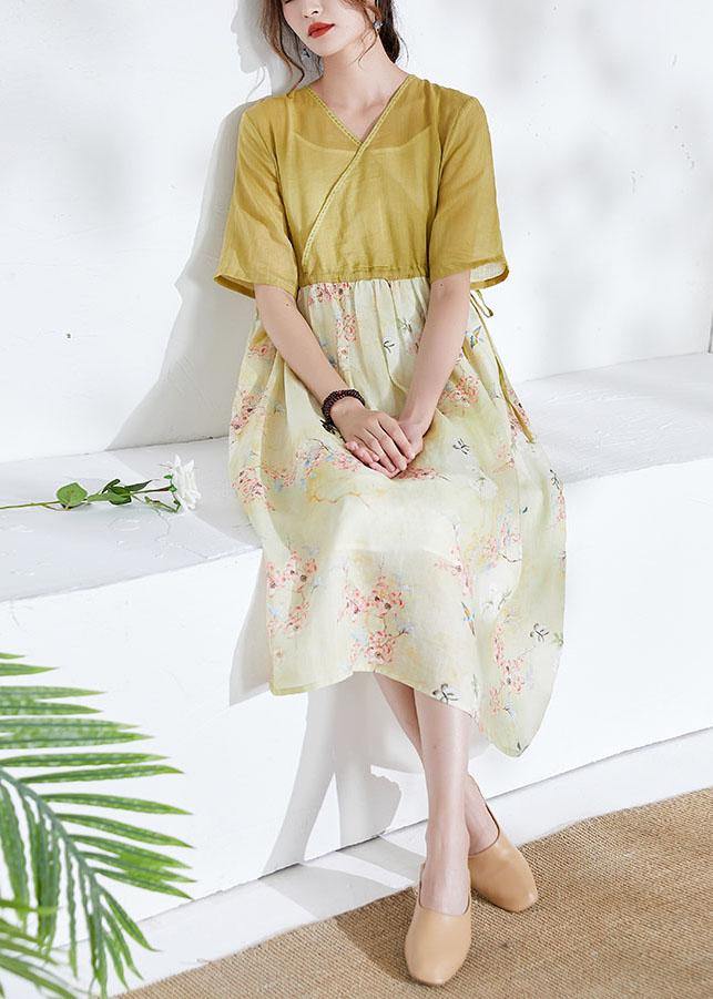 Natural Yellow Patchwork Print Summer Ramie Dresses Half Sleeve